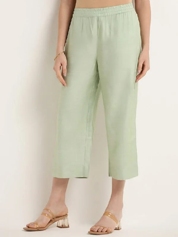 Zuba Green Cotton Blend Straight-Leg Pants Fashionable Tapered Leg Pants