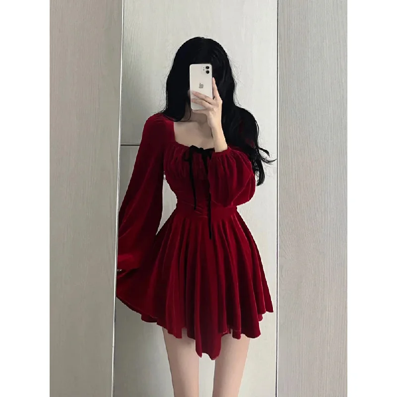 Cinessd Chic A line Square Neckline Long Sleeves Red Velvet Party Dress Birthday Dresses Birthday Outfits SD1228 Pleated Skirt Elegant Cinessd Chic A line Square Neckline Long Sleeves Red Velvet Party Dress Birthday Dresses Birthday Outfits SD1228 Pleated Skirt Elegant