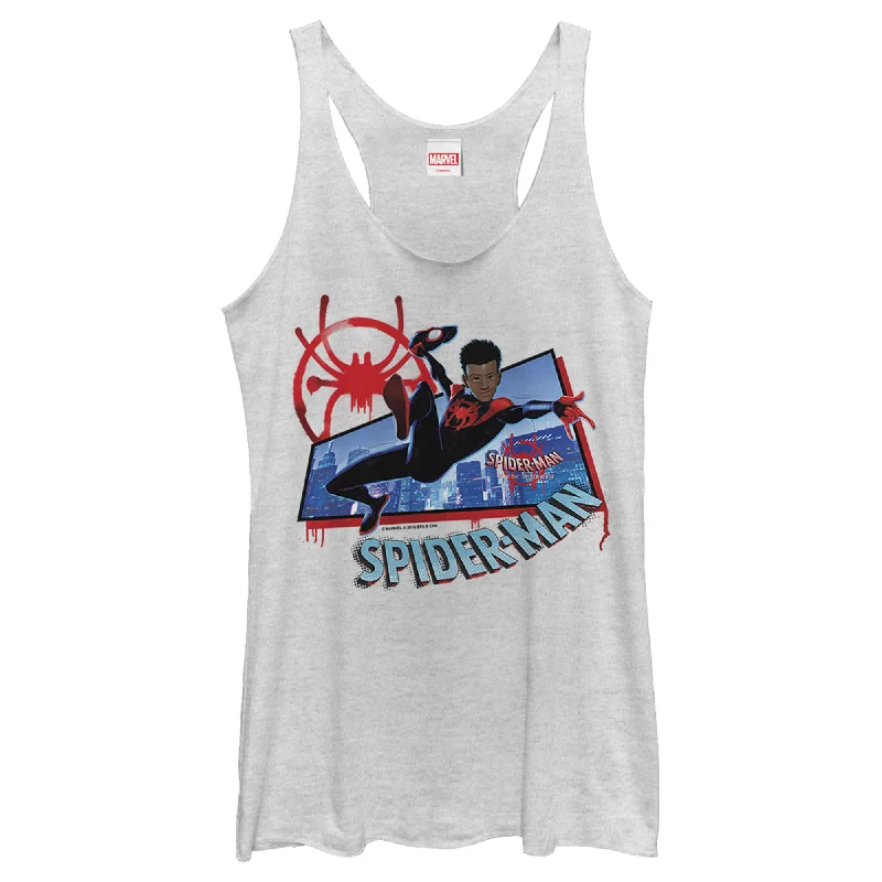 Women's Marvel Spider-Man Spiderverse Miles Kick Above City Racerback Tank Top ivory tank top Women's Marvel Spider-Man Spiderverse Miles Kick Above City Racerback Tank Top ivory tank top