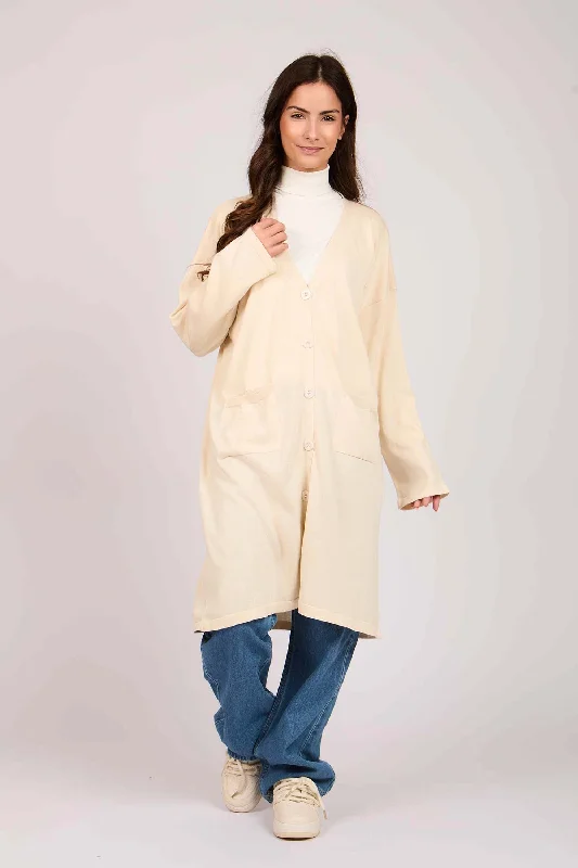 Women Long Buttoned Cardigan Off White Terry Blend Velvet Blend Canvas Blend