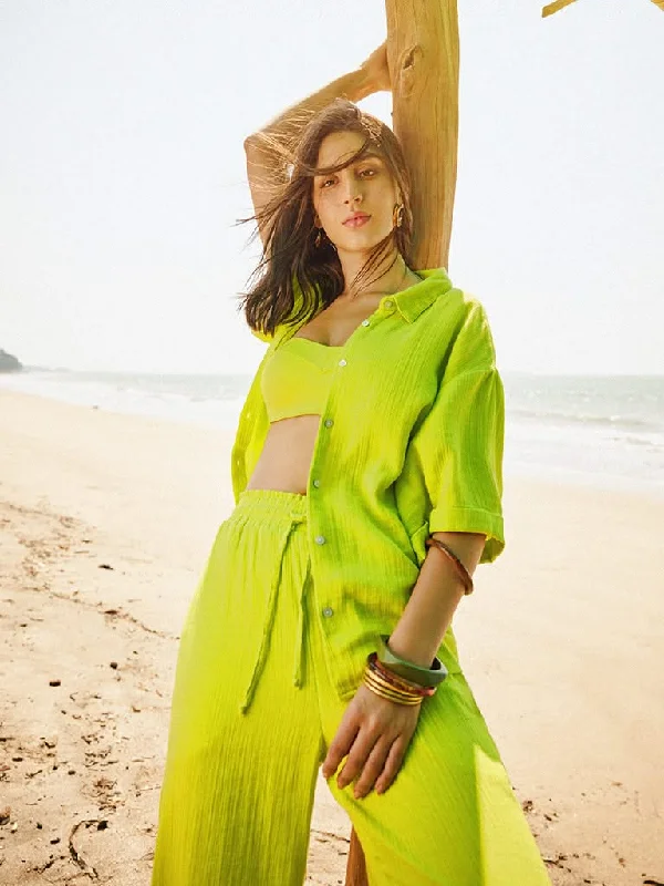 Wunderlove Lime Cotton Crinkled Relaxed Beach Pants Stylish Harem Pants