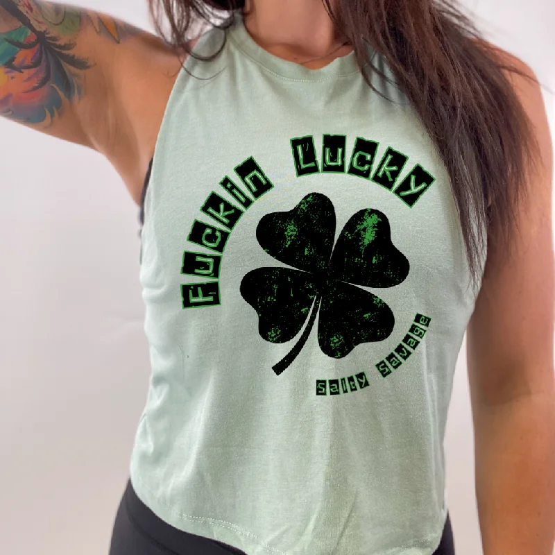 Salty Savage Ladies "Fuckin Lucky" Flowy Crop Tank navy tank top