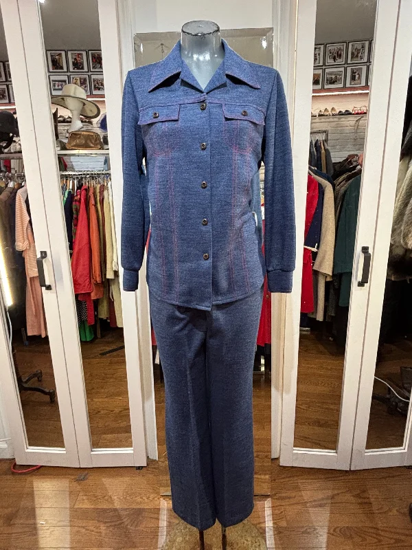 70’s Navy Blue With Red Stitch Leisure 2 Piece Pant Set Classic Stretch Pants