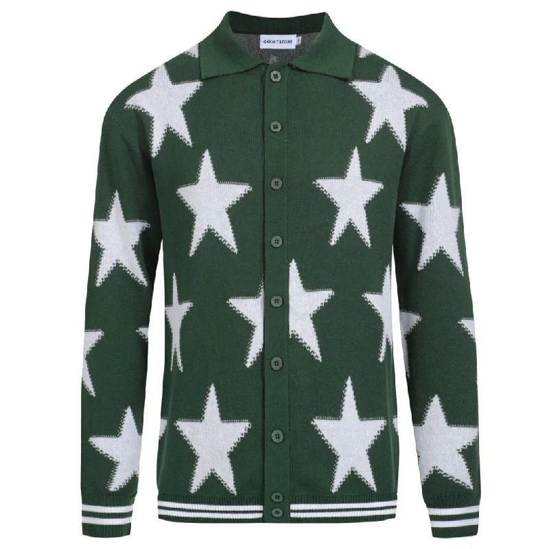Men's Dark green  Star vintage knit cardigan sweater Tailored Straight A-Line