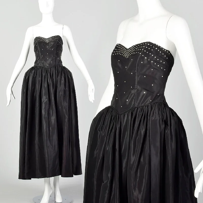 XXS 1940s Black Taffeta Evening Gown Formal Party Dress with Panniers and Rhinestone Studded Bodice Tunics Print Colorful XXS 1940s Black Taffeta Evening Gown Formal Party Dress with Panniers and Rhinestone Studded Bodice Tunics Print Colorful