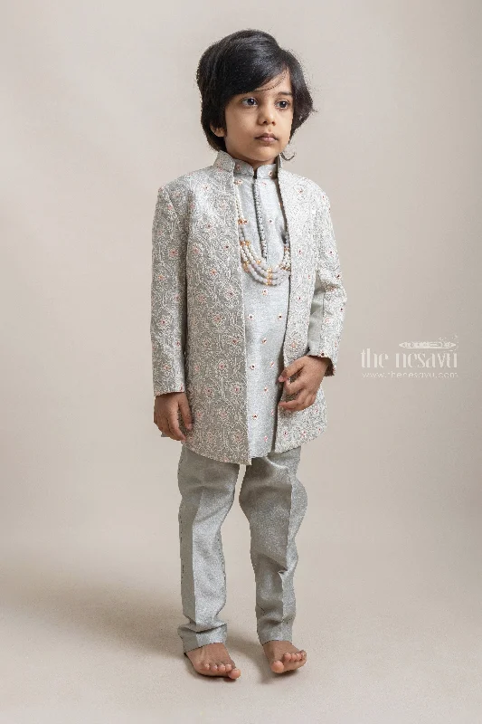 Elegant Ethnic Gray Embroidered Silk Kurta N Pant With Embellished Coat For Boys Casual Wide Pants