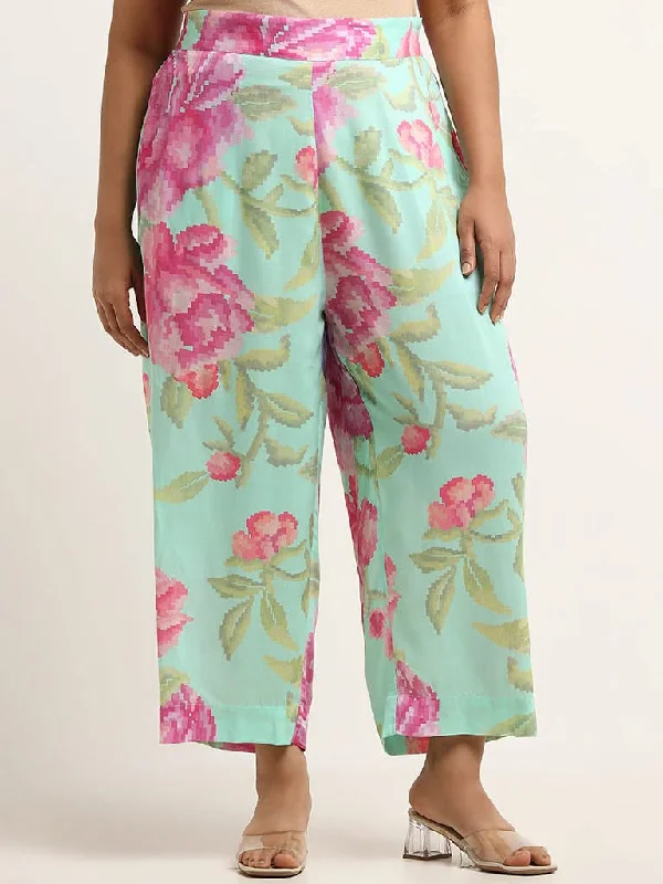 Diza Green Mid-Rise Floral Print Straight Pants Stretch Fit Pants