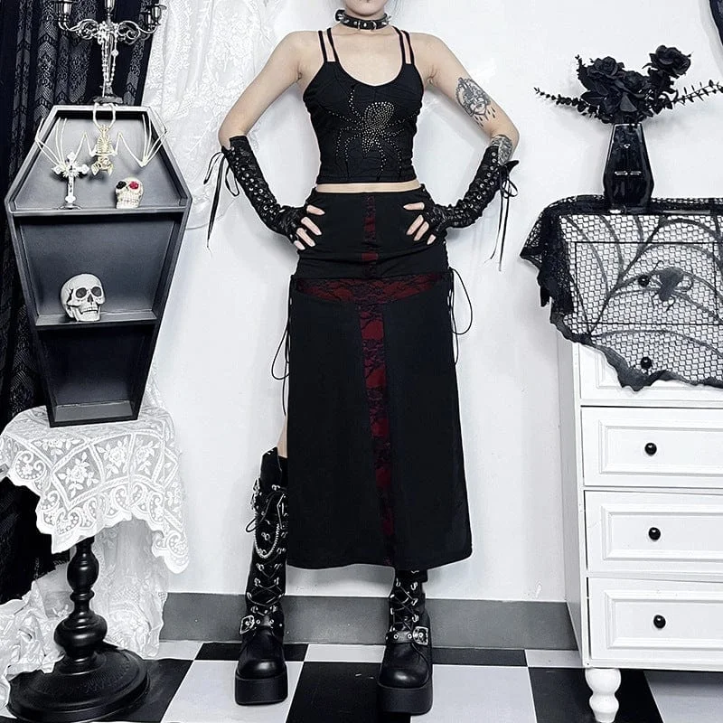 Women's Rockabilly Lace Splice Lace-up Slit Skirt wrap skirt elegant