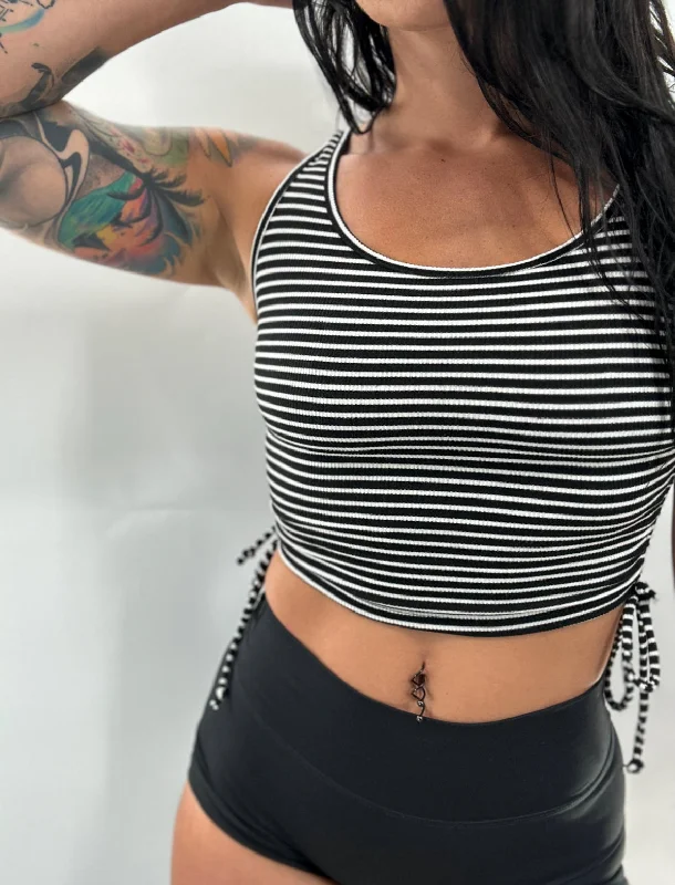 Salty Savage Ladies “OG Smile” Ruched Side Striped Crop Tank stretchy tank top