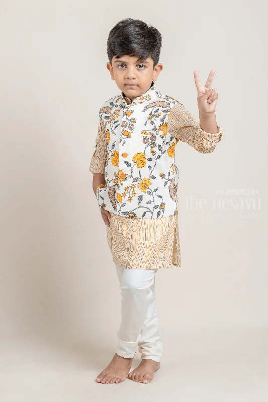 Beige All Over Stripes Printed Boys Kurta with Floral Printed Overcoat and White Pant Elegant Dress Pants