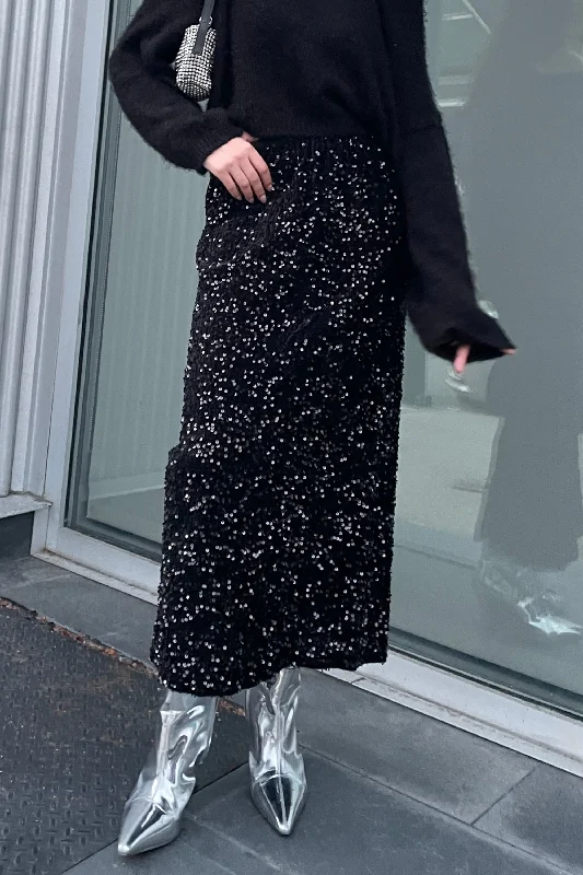 SEQUINED MIDI SKIRT ribbed skirt waist