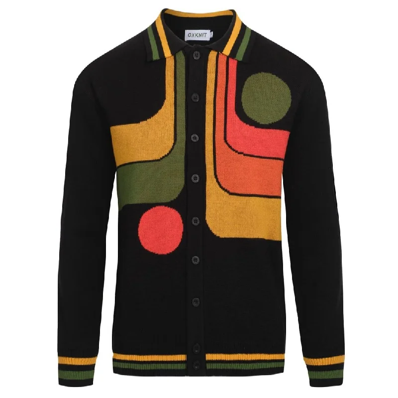 Men's black vintage art jacquard knit cardigan Cotton Fabric Linen Fabric Terry Fabric