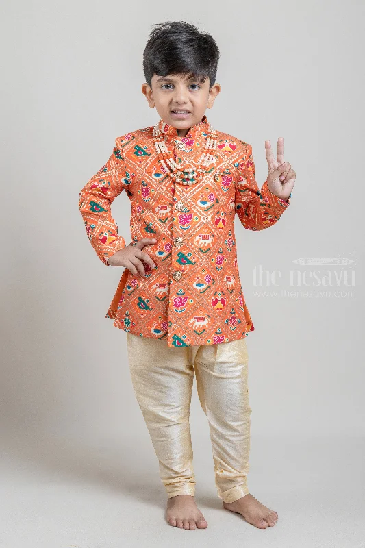 Orange All Over Animal Printed Boys Ethnic Kurta with White Dhoti and Beige Pant Comfortable Denim Leggings