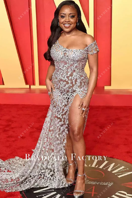 Quinta Brunson Silver Sheer 2024 Oscars After Party Dress Tunics Solid Classic