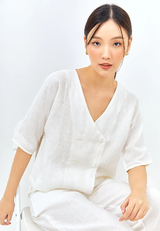 V-neck Button Linen Jacket in White Rayon Fabric Velvet Fabric Corduroy Fabric