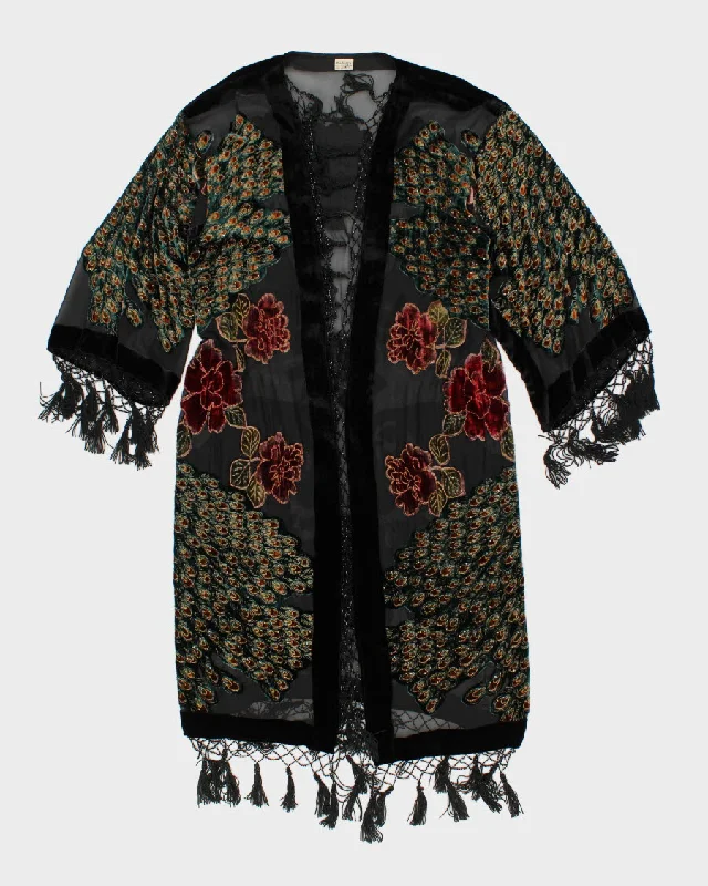 Vintage Silk And Velvet Beaded And Tasselled Open Shrug Cardigan - L Hooded Caped Shawl Collar Vintage Silk And Velvet Beaded And Tasselled Open Shrug Cardigan - L Hooded Caped Shawl Collar