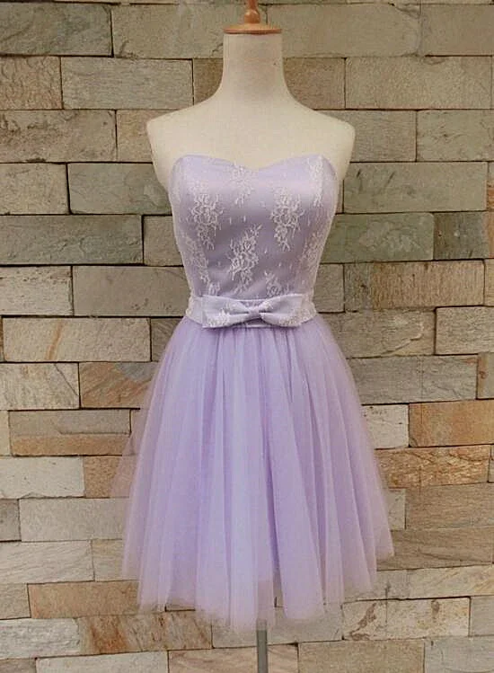 Beautiful Lavender Tulle And Lace Cute Party Dress, Sweetheart Party Dress With Bow gh412 Pleated Skirt Elegant