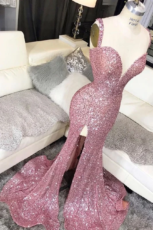 Chic Sheath Long Front Split Sequin Shiny Long Prom Dresses Simple Party Dress OD23 Tunics New arrival