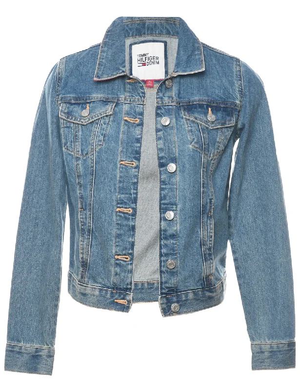 Tommy Hilfiger 1990s Style Denim Jacket - XS Belted Jacket Elasticated Jacket Padded Jacket Tommy Hilfiger 1990s Style Denim Jacket - XS Belted Jacket Elasticated Jacket Padded Jacket