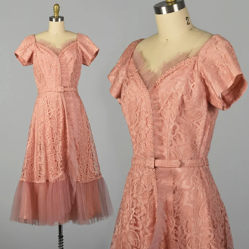 Medium 1940s Pink Lace Party Dress Tunics Floral girly