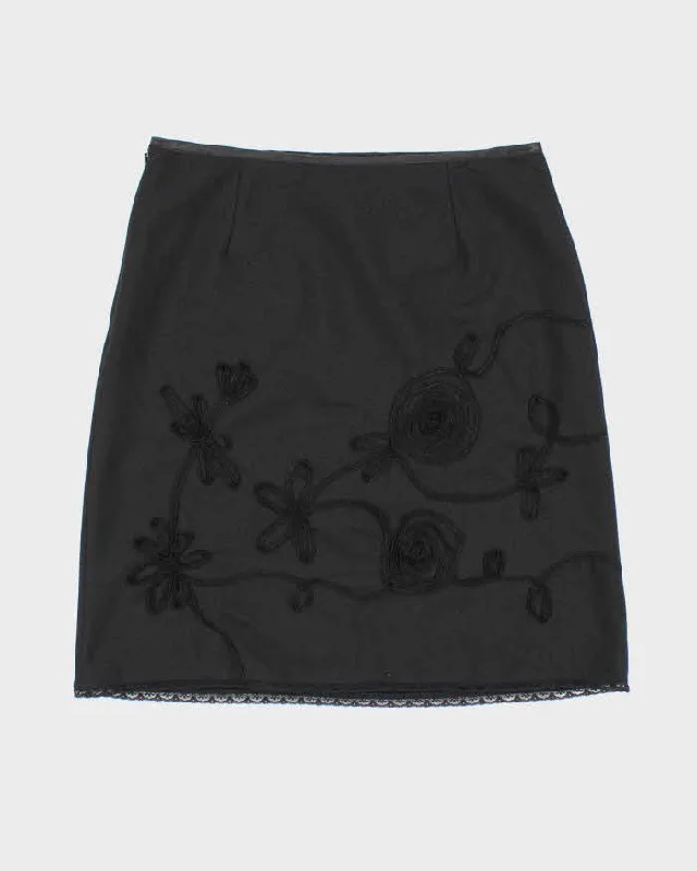 Y2k 00s V'cocca Black Embroidered Smart Skirt - L wool skirt sturdy