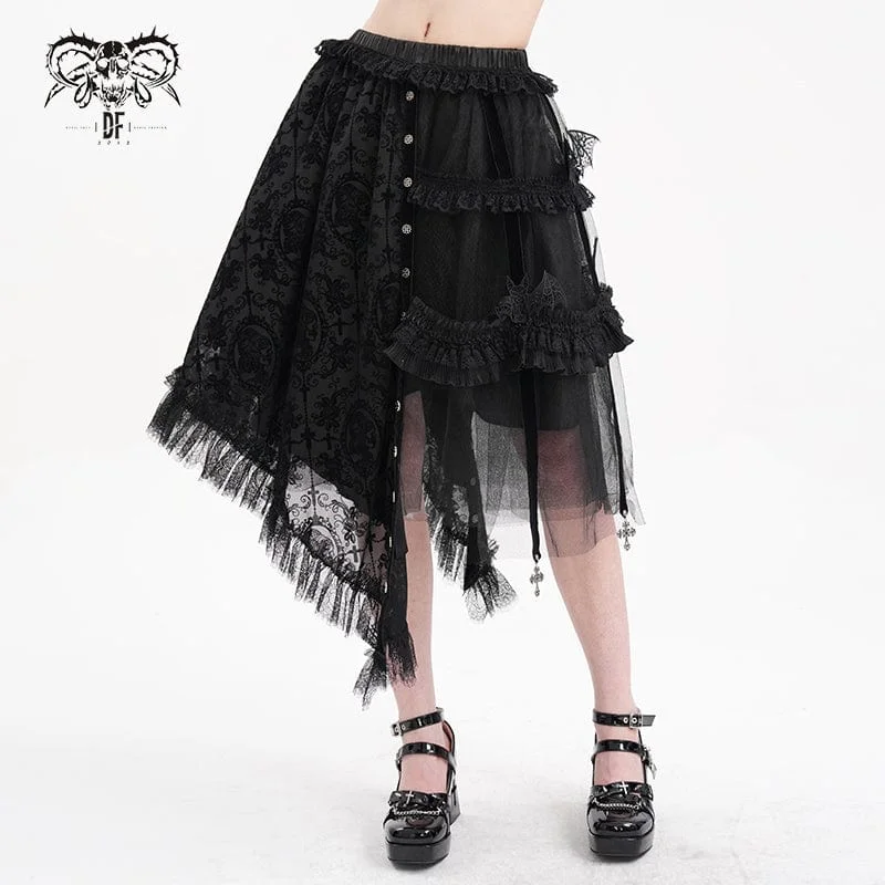 Women's Gothic Strap Cut-out Lace Irregular Hem Skirt flowy skirt hem