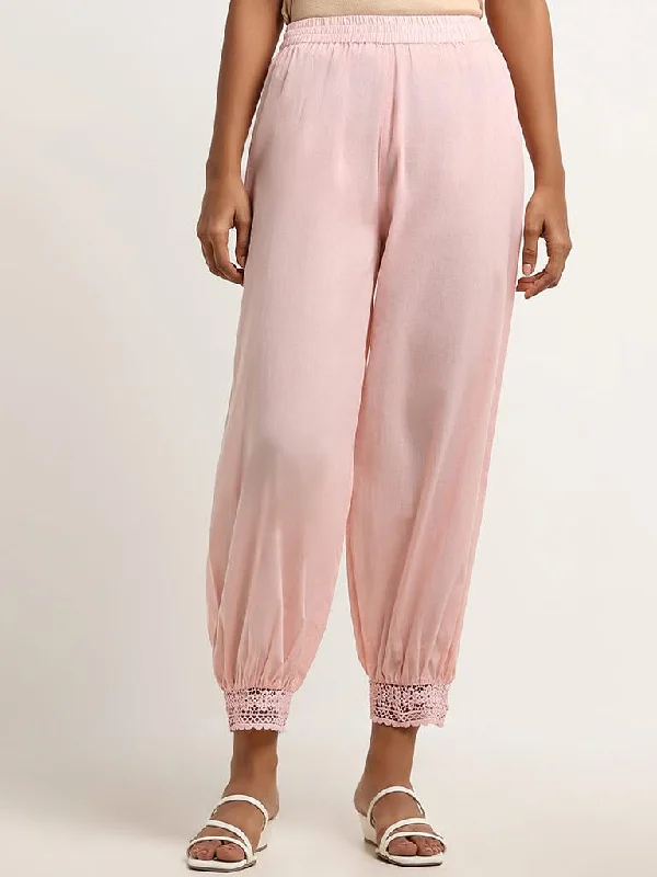 Utsa Pink Cotton Crochet Trimmed Pants Chic Black Leggings