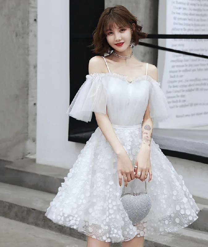 White tulle short prom dress party dress  8409 Square Neckline Feminine