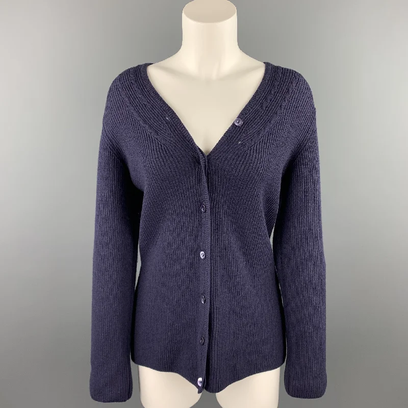 JAEGER Size M Navy Ribbed Merino Wool Buttoned Cardigan Open Front Closed Front Wrap Front