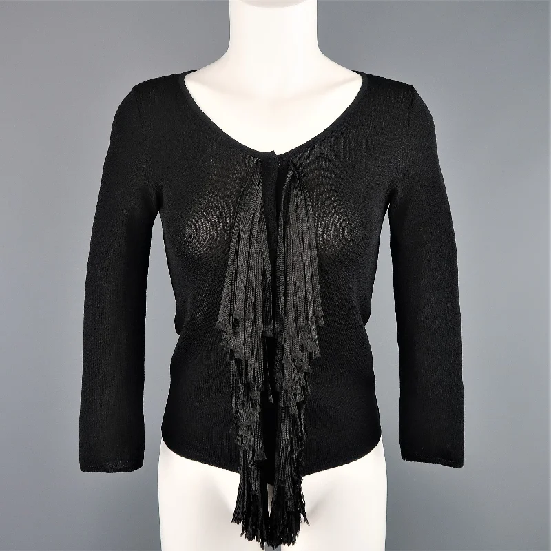 GIAMBATTISTA VALLI Size S Black Scoop Neck Ribbon Fringe Snap Cardigan Satin Blend Silk Blend Wool Blend GIAMBATTISTA VALLI Size S Black Scoop Neck Ribbon Fringe Snap Cardigan Satin Blend Silk Blend Wool Blend
