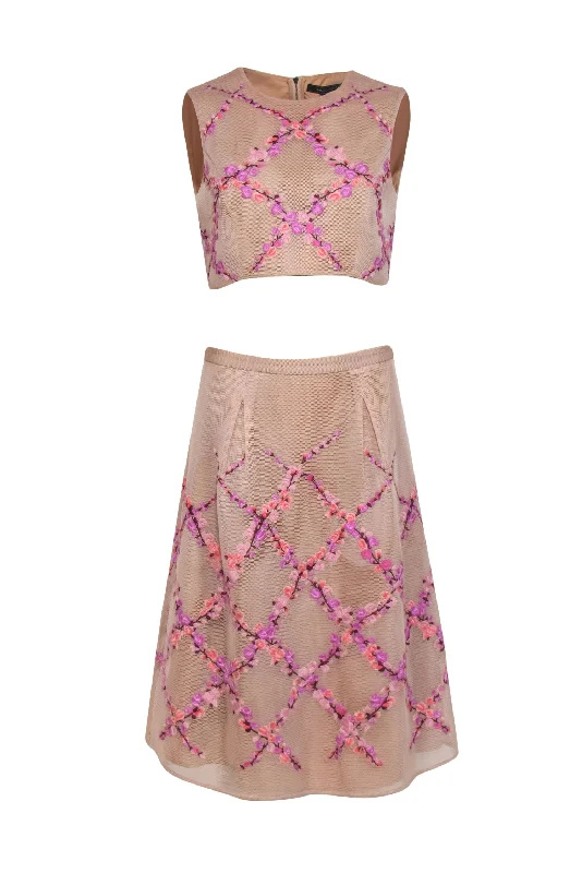 BCBG Max Azria - Blush Mesh Floral Embroidered Crop Tank & Midi Skirt Set Sz S gym tank top