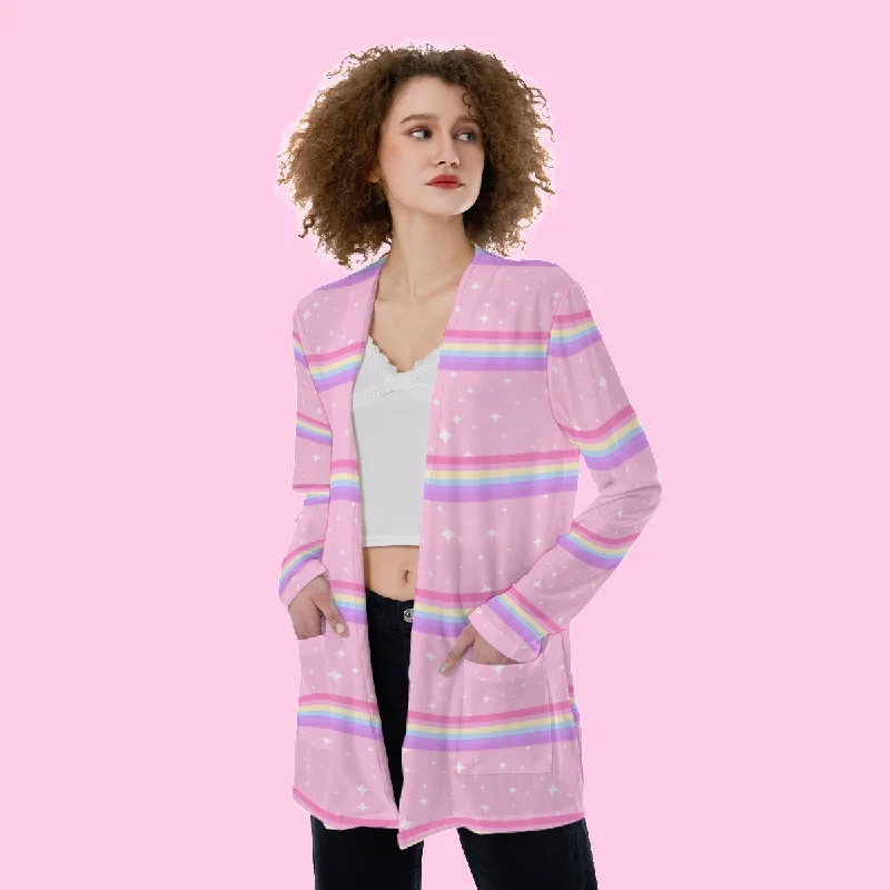 Kawaii Sparkle Cake Rainbow Beam Open Front Lightweight Cardigan With Pockets Hooded Cardigan Collared Cardigan Shawl Collar