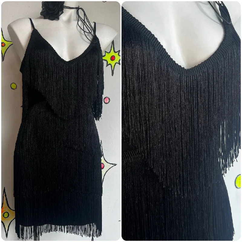 Vintage | Black Fringe 60s GoGo Mod or 20s Flapper Mini Party dress | Size SMLXL Glittery Long Formal