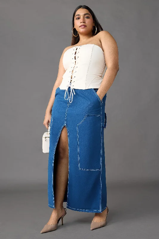 Coastal Cobalt Blue Front Slit Curvy Skirt silk skirt smooth