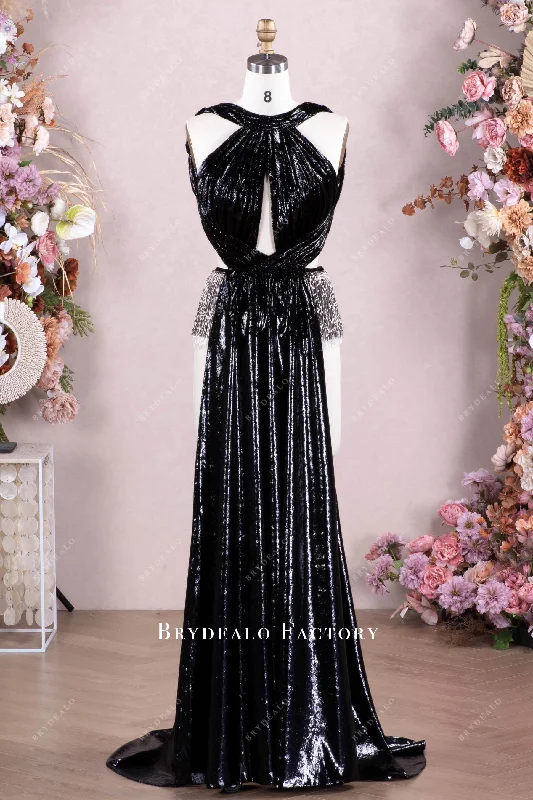 Alluring Black Shiny Silk Velvet Tassel Party Dress Tunics Top Casual