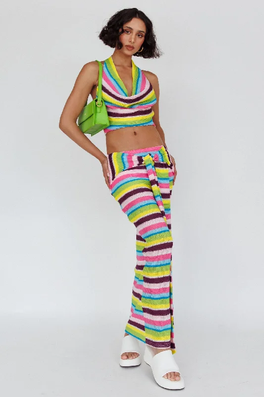 Sammi Tie Waist Knit Maxi Skirt Blue Multi linen skirt airy