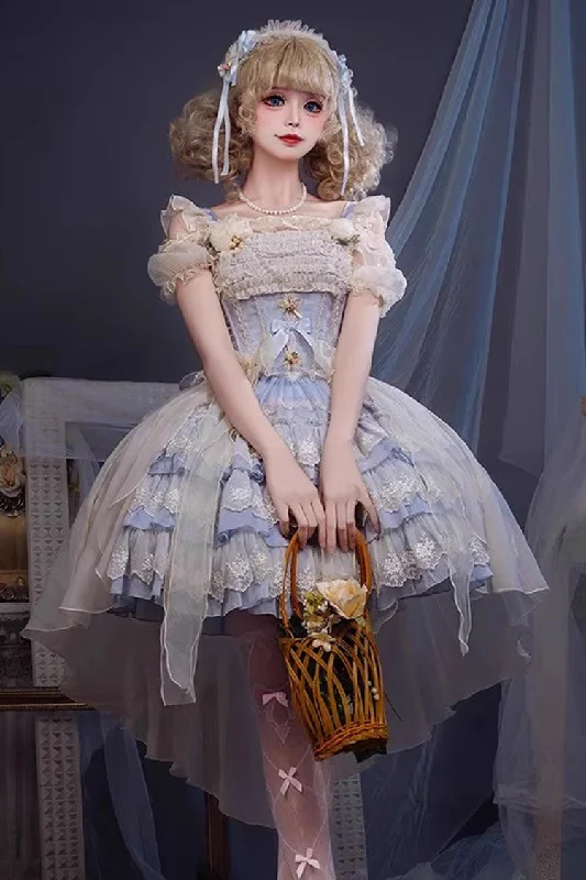[Tears of Rose] Sleeveless Multi-Layered Ruffle Cardigan Bowknot Lace Sweet Ballet Lolita Jsk Dress 2 Colors Stretchy Elastic Breathable