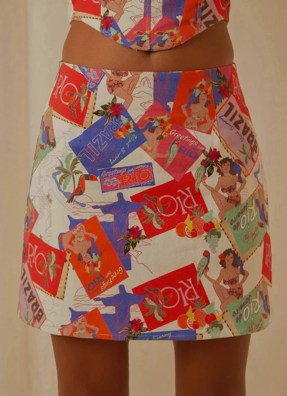 Rooftop Drinks Mini Skirt - Stamp Travels button skirt front