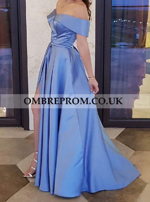 Simple Blue Satin Off The Shoulder Long Prom Dresses, Sexy Slit Party Dress OP291 Tunics Sophisticated sleek