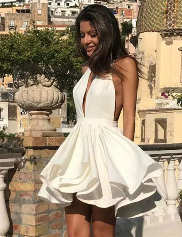 Deep V Neck White Short Homecoming Dresses Party Dresses gh826 Tunics Yoga stretchy