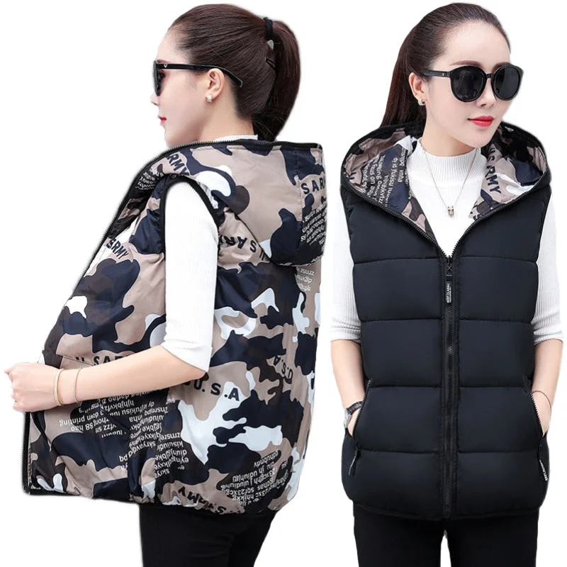 Camouflage Vest NEW Short Loose Waistcoat Down Cotton Jacket Outside Wear Autumn Winter Double-sided Thick Hooded Vest Women Nylon Fabric Polyester Fabric Spandex Fabric Camouflage Vest NEW Short Loose Waistcoat Down Cotton Jacket Outside Wear Autumn Winter Double-sided Thick Hooded Vest Women Nylon Fabric Polyester Fabric Spandex Fabric