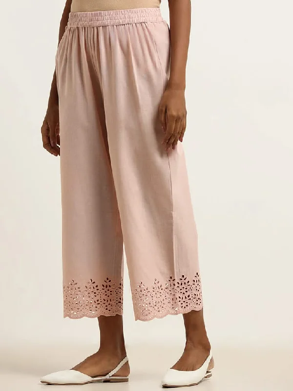 Utsa Pink Cutwork Hem Blended Linen Wide-Leg Pants Cozy Maternity Pants