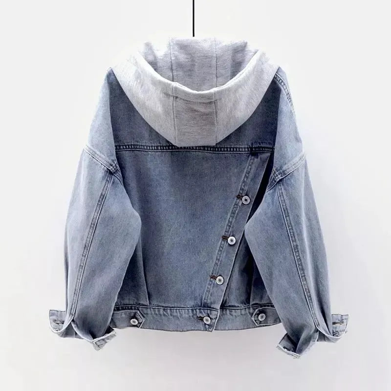 Blue Deconstructable Hooded Turn-down Collar Denim Jacket Women Loose Button Patchwork Outwear Jean Coat Female One-Shoulder Jacket Off-the-Shoulder Jacket Asymmetrical Jacket Blue Deconstructable Hooded Turn-down Collar Denim Jacket Women Loose Button Patchwork Outwear Jean Coat Female One-Shoulder Jacket Off-the-Shoulder Jacket Asymmetrical Jacket