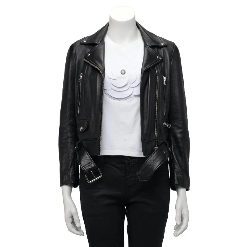 Acne Studios Black Leather Biker Jacket FR 32 Zip Front Button Front Snap Front