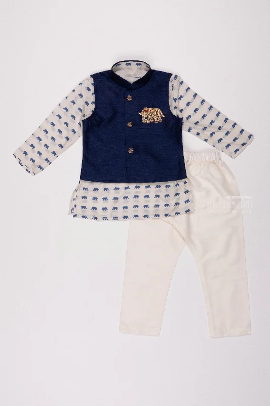 Wildlife Whisper: Animal-Print Kurta & Blue Overcoat Combo with Sleek Pant for Boys Trendy Palazzo Pants