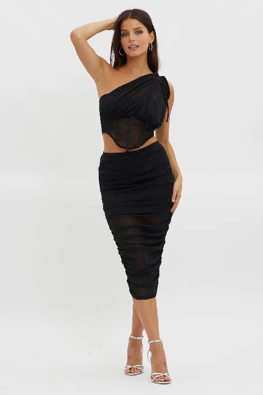 Maddisan Ruched Glitter Mesh Midi Skirt Black chiffon skirt delicate
