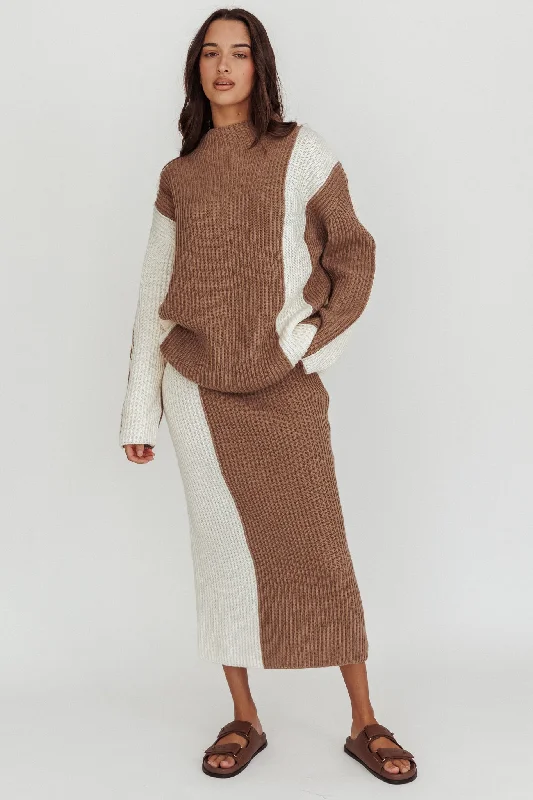 Eos Ribbed Knit Midi Skirt Mocha Cream velvet skirt luxurious