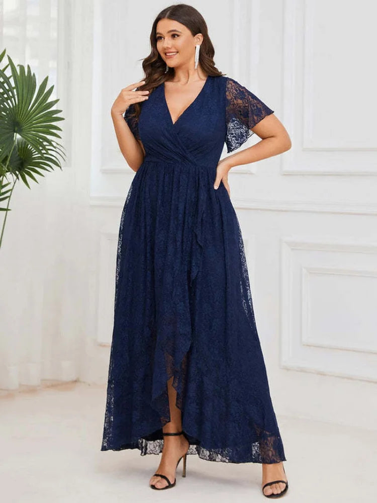 Plus Size Lace Party Dress Woman Summer V Neck Short Sleeve Ruffles Irregular Tunics Versatile stylish Plus Size Lace Party Dress Woman Summer V Neck Short Sleeve Ruffles Irregular Tunics Versatile stylish