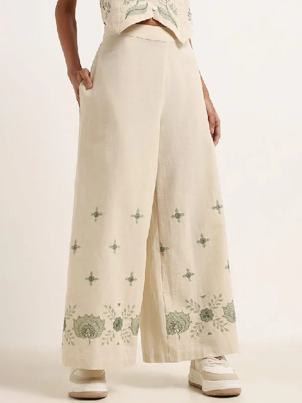 Bombay Paisley Off-White Wide-Leg Embroidered Cotton Pants Stretch Fit Pants