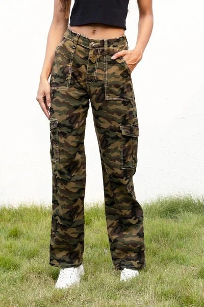 Womens Camouflage Cargo Pants Trendy Wide-Legged Trousers